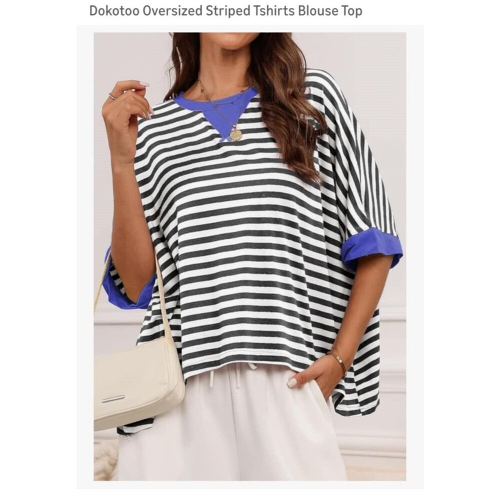 Dokotoo Womens Size L Tops Casual Crewneck Half Sleeve Striped - Picture 3 of 7